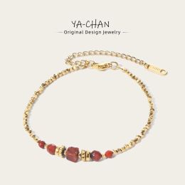 Strands YACHAN 18K Gold PVD Plated Stainless Steel Beaded Bracelet for Women Red Natural Stone Simple Irregular Charm Trendy Jewellery Gif