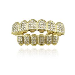 18K gold-plated square and round mixed diamond hip-hop braces Grills for men and women with diamond inlaid six tooth vampire gold teeth accessories