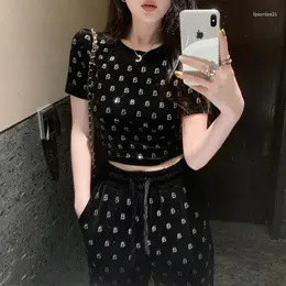 Women's Two Piece Pants Velvet Two-piece Set With Foreign Style Heavy Industry Diamond Short Sleeved Top And Casual Design Sense