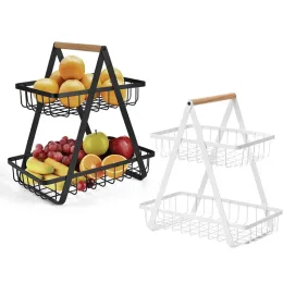 Baskets Metal Detachable Fruit Basket Holder Kitchen Storage Rack Portable Wooden Handle Double Layers Shelf Rack for Fruits Vegetables