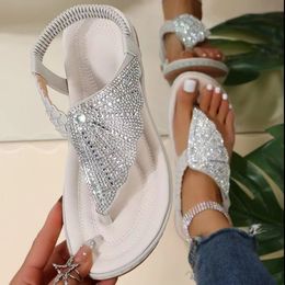 Luxury Rhinestone Women Summer Sandals Fashion Straw Sandal Elastic Band Flip Flops Black Blue Red White Flat Heels Beach Sandle Size 36-43