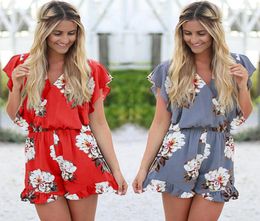 DHL Women039s Summer Sexy Floral Print Loose Casual Butterfly Sleeve Short Jumpsuits Ruffles Elastic Waist Romper with Belt3724683