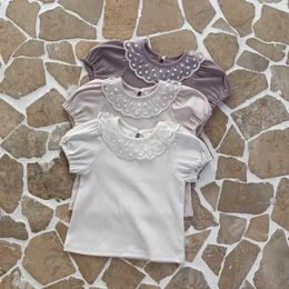 T-shirts 2024 Summer New Baby Short Sleeve T Shirts Cotton Infant Girl Cute Lace Collar Tees Newborn Toddler Solid Casual Versatile Tops H240423