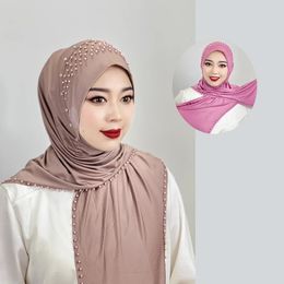 Muslim Hijab Solid Color Beaded Arab Hijab Long Hijab Women Hijab Beaded Soft and Easy to Wear Hijab Turkish Head Wrap Scarf 240409