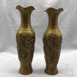 Vases Chinese Brass Carved Dragon And Phoenix Flower Vase Metal Crafts Home Decoration