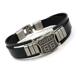 Strands New Men's Leather Bracelet with Hot ROUTE66 60s Road Sign Motorcycle Biker Rider Black Bangles Males Jewellery