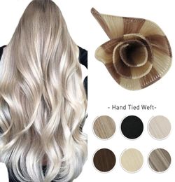 10A Hand Tied Weft Hair Extensions 100 Virgin Human Hair Silky Straight Invisible Brazilian Blonde Sew in Bundles Handmade6683042