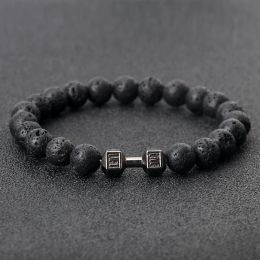 Strands 8mm Natural Black Lava Stone Dumbbells Bracelet For Women Men Charm Tibetan Buddhist Elastic Bangle Fitness Barbell Jewelry Gift