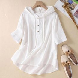 Women's Blouses Women Top Stylish Hooded Tops Solid Colour T-shirt With Buttons Vintage Half Sleeve Embroidered Blouse Loose Fit Lace-up
