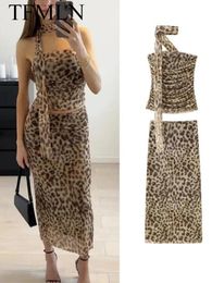 TFMLN Women Sexy 2 Piece Long Skirt Sets Strapless Leopard Print Tops High Waist Skirts Summer Fashion Mesh Clubwear 2024 240418