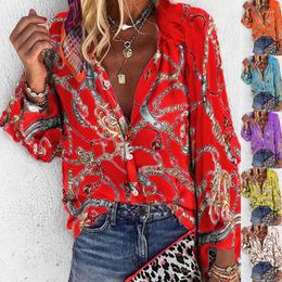 Women's Blouses Vintage Design Women Blouse Autumn Stand Collar Long Sleeve Chains Print Blusas Loose Casual Office Button Shirts Tops 2024