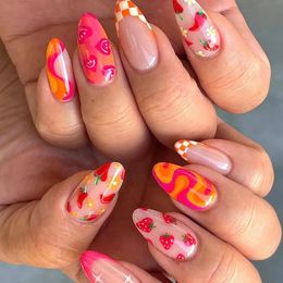24pcs Almond False with Tools Cute Heart Strawberry Chili Design French Checkerboard ABS Press on Nails Fake Tips Wearable