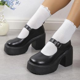 Dress Shoes Women's Buckle Strap Platform Pumps Round Toe High Heels Mary Jane For Women 2024 Elegant Black PU Leather Sho