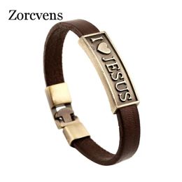 Strands ZORCVENS Vintage Letter Jesus Bracelet Bangle Male Prayer Christian Bracelet Leather Women Jewellery