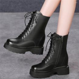 Boots 2024 Winter Warm Pumps Shoes Women Lace Up Genuine Leather High Heel Ankle Female Top Platform Creepers Casual
