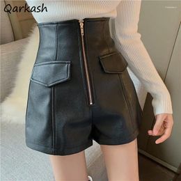 Women's Shorts PU Women Zipper- Design Autumn Fashion Street Style Vintage Elegant Aesthetic Empire All-match Lady Baggy Trouser