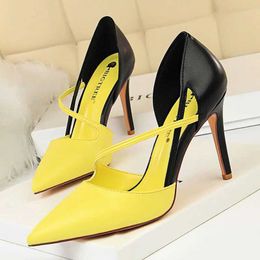 Dress Shoes New Summer Women 9.5cm High Heels Sandals Nightclub Stripper Sexy Patchwork Sandles Party Ankle Strap Yellow H240423