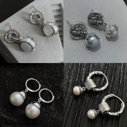 Earrings New 925 Sterling Silver Drop Earrings Hoop Pearl Vintage Irregular Golden For Women Girl Gift Fashion Jewelry Dropship Wholesale