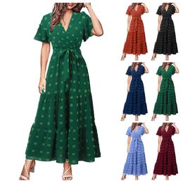 Casual Dresses Summer Bohemian Dot Maxi V Neck Short Sleeve Solid Tie Belt A Line Dress Tiered Flowy Long For Women Elegant