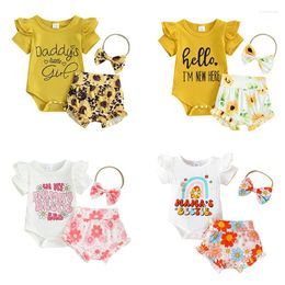 Clothing Sets Summer Born Baby Girls Clothes Letter Print Ruffles Short Sleeve Bodysuits Floral High Waist Shorts Headband Outfits