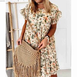 Basic Casual Dresses Summer Lady Ruffle Mini A Line Dress New Floral Print Dresses Women Casual O Neck Elegant Butterfly Short Sleeve Party DressL2404