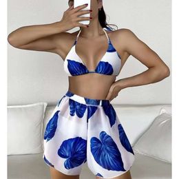 New Swimsuit Women's Leaf Print Bikini Neck Hanging Gauze Skirt Swimsuit Beach Three Piece Set Bikini