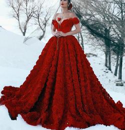 Ball Gown Prom Dresses Red Off the Shoulder Sweetheart Neckline Hand Made 3D Flowers Chapel Train Evening Dresses8036318