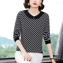 Women's T Shirts Spring Autumn Mom Black White Stripes Round Neck Long Sleeved Bottom Tops Women Loose Fitting T-shirt Base Coat