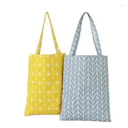 Storage Bags Women 5 Colours Shopper Bag Plaid Linen Cotton Canvas Shopping Shoulder Eco-friendly Folding Portable Grocery Tote