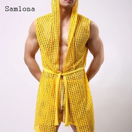 Sexy Men Hollow Out Tank Tops Sleeveless Long Vest European Style Casual Beach Shirt Clothing Open Stitch Hooded Tshirt 240412