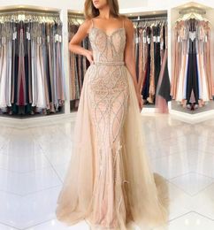 Luxury Champagne Spaghetti Mermaid Prom Dress Vintage Shinny Beaded Eening Dresses With Detachable Train Long Formal Party Pageant1724896