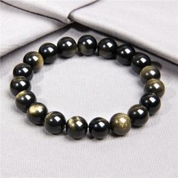 Strands Gold Colour Obsidian Bracelet Men Black Natural Stone Beaded Women Men Braslet For Male Yoga Hand Jewellery Accessories Wristband