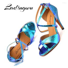 Dance Shoes Ladingwu Latin Women Ballroom For Laser PU And Glitter Blue Gold Silver Heels Sandals