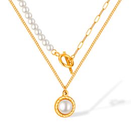 Gold Women Stainless steel Pendant double layered Pearl Necklace Chain 18''