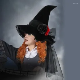 Berets Baroque Halloween Witch Hat LaceTrim Party Women Pleated Wizard Unisex Cosplay Costume Headdress