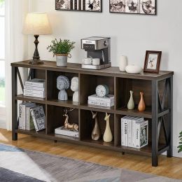 Racks 8 Cube Storage Organizer Bookshelf, Rustic Wood Cubby Bookcase, Industrial Horizontal Long Shelf for Living Room 62 INCH