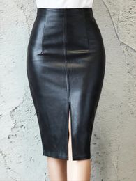 Women Sexy Fashion Solid Colour Midi Skirts Casual High Waist Front Split Pencil Ladies Faux Leather 240420