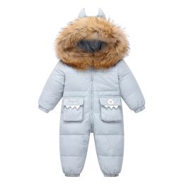 Coats OLEKID 2022 Baby Winter Jumpsuit Cartoon Dinosaur Real Raccoon Fur Baby Girls Snowsuit Toddler Boys Winter Romper Infant Clothes