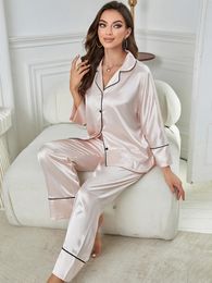 Silk Satin Womens Pyjamas Set Tops Pants Turn Down Collar Sleepwear 2 Pieces Female Loungewear Leisure Long Sleeves Home Suit 240410