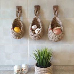 Baskets 1pc Wall Hanging Vegetable Fruit Baskets Natural Jute Woven Hanging Basket Home Garden Kitchen Wallmounted Storage Basket