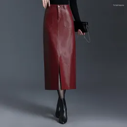 Skirts Women Long PU Leather Bodycon Fall Winter Front Slit High Waist Straight Fashion Skirt Pocket Warm P304