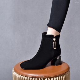 Boots High Heeled Fashion For Women In Autumn Winter 2024 European American Style Black Sheepskin Square Buckle Slim