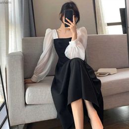 Urban Sexy Dresses Women Dress Patchwork Long Sleeves Autumn Dress Solid Color Mid-calf Length Square Neck Dress Vintage Dress-up Spring DressL2404