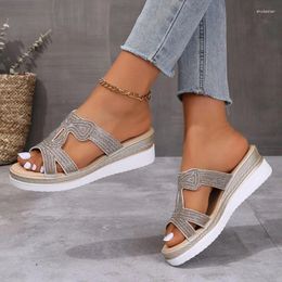 Slippers Large Slope Heel For Women's Summer 2024 Selling Sequin Rhinestones Lightweight External Wearing