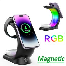 Chargers 3 In 1 Magnetic Wireless Charger Stand Pad RGB LED Light 15W Fast Charging Station Dock for iPhone 15 14 13 Pro Max Apple Watch