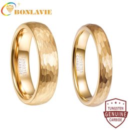Bands BONLAVIE 6mm 4mm Gold Colour Hammered Tungsten Carbide Ring Domed Comfort Fit Engagement Ring Size 512