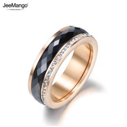 Bands JeeMango Classic Titanium Steel Black Ceramics Rings Jewelry Gold Color Cubic Zirconia Wedding Engagement Ring For Women JR18013