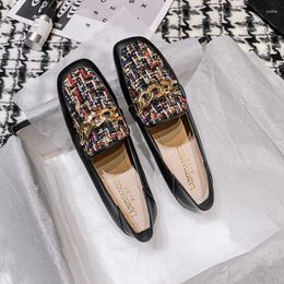 Casual Shoes 2024 Metal Chains Loafers Women Mixed Color Glitter Cloth Flat Woman Square Toe Mules Comfy Moccasins Flats Big Size 43