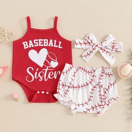 Clothing Sets Lioraitiin Baby Girl Summer Set Letter Heart Print Sleeveless Romper With Baseball Pattern Ruffled Shorts And Headband Outfit