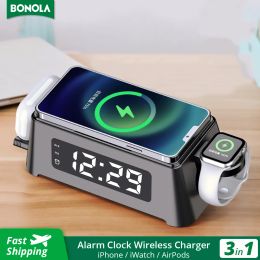 Chargers Bonola 3 in 1 Wireless Charger Stand for iPhone 15pro/14/13 Bedroom Digital Clock Wireless Chargers for Apple Watch/AirPods Pro